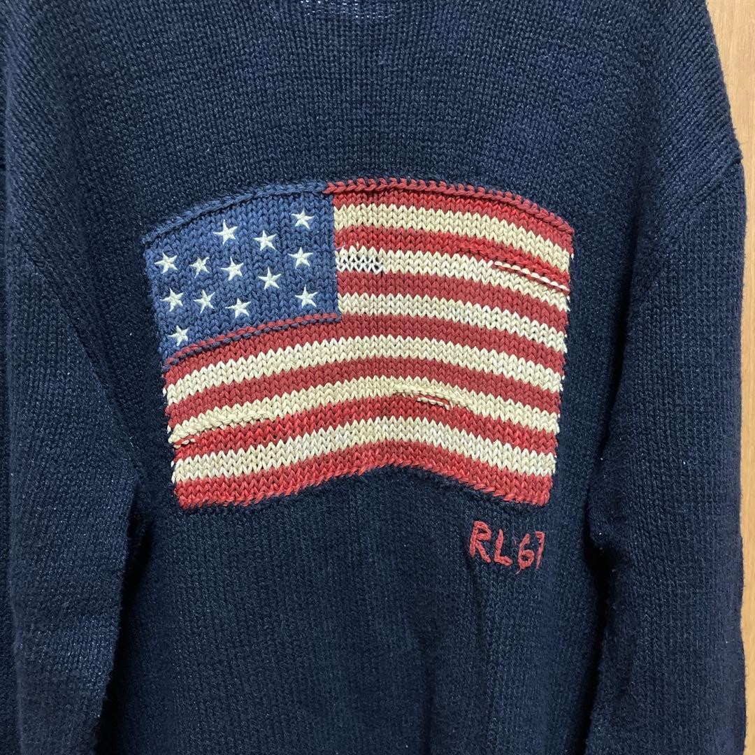 VTG Polo Ralph Lauren American Flag Knit Sweater Mens Navy Blue