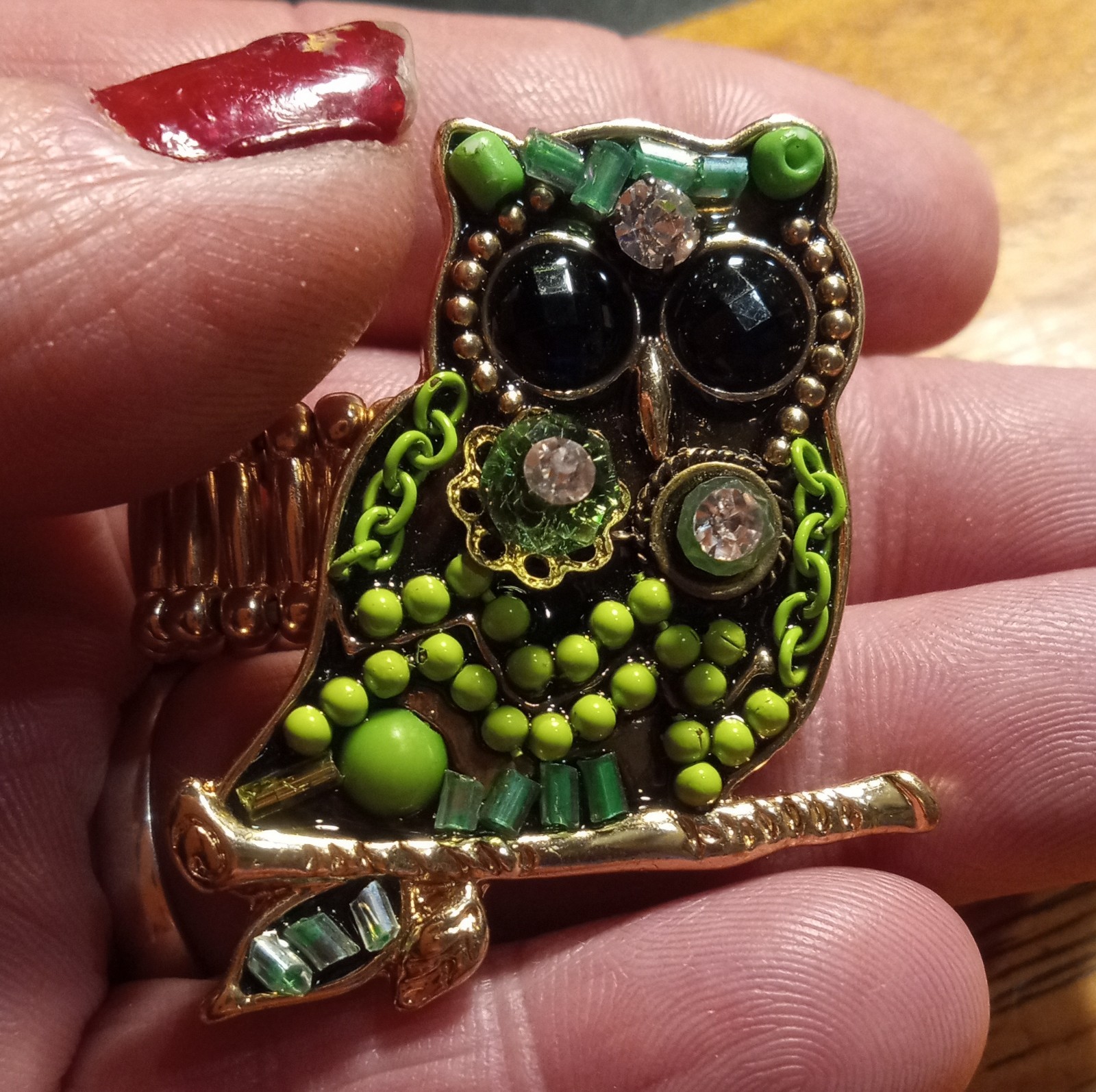 Green Owl Adjustable Statement Ring Gold Tone Rhi… - image 12