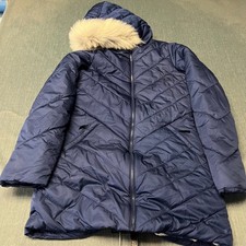 Lands' End Girls Puffer Jacket Size XL14-16 Blue Hooded Faux Fur Winter Quilted