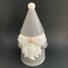 Gnome Cookie Candy Jar Winter Canister Container Hand Painted Gray White