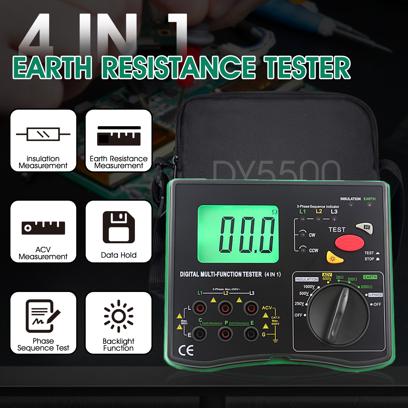 4-in-1 Earth Ground Resistance Tester Insulation Meter Megger AC Volt Phase