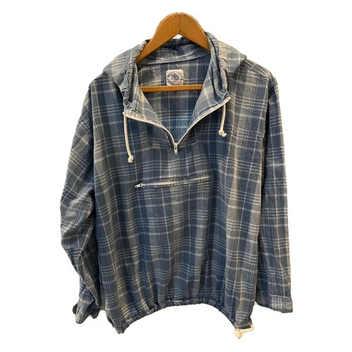J. Press Cotton Madras Hooded Anorak Pullover Mens XL Blue Plaid Half Zip - product listing photo