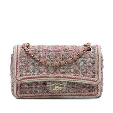 Authenticated Chanel Medium Classic Tweed Braided Double Flap Pink Fabric