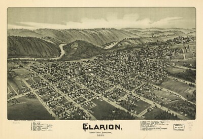16'' x 24'' 1896 Clarion Pennsylvania, Bird's Eye Map Clarion