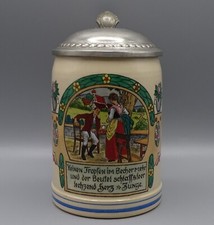 Alter Bierkrug/ Jugendstil- Krug m. Zinndeckel u. Sinnspruch; Wick Werke - 0,5l.