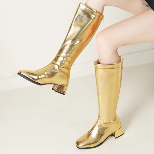 Damen Kniehohe Stiefel Winterschuhe 2024 Gold Silber Niedriger Absatz Langstiefel Party - Bild 12 von 22