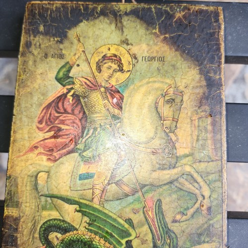 Antique Russian Icon Panel St. George Slaying the Dragon Orthodox wood board art - Picture 12 of 23