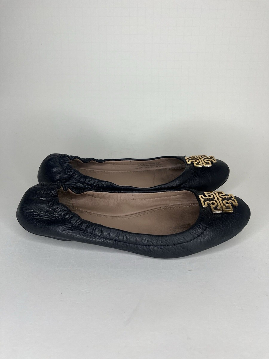 Tory Burch Ballet Flats Shoes Women Size Black Pebbled Leather Gold  Logo