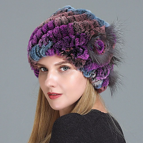 Damen Echt Rex Kaninchenfell Beanie Mütze Winter Warm Mütze mit Fuchs Handarbeit Geflochten - Bild 32 von 52