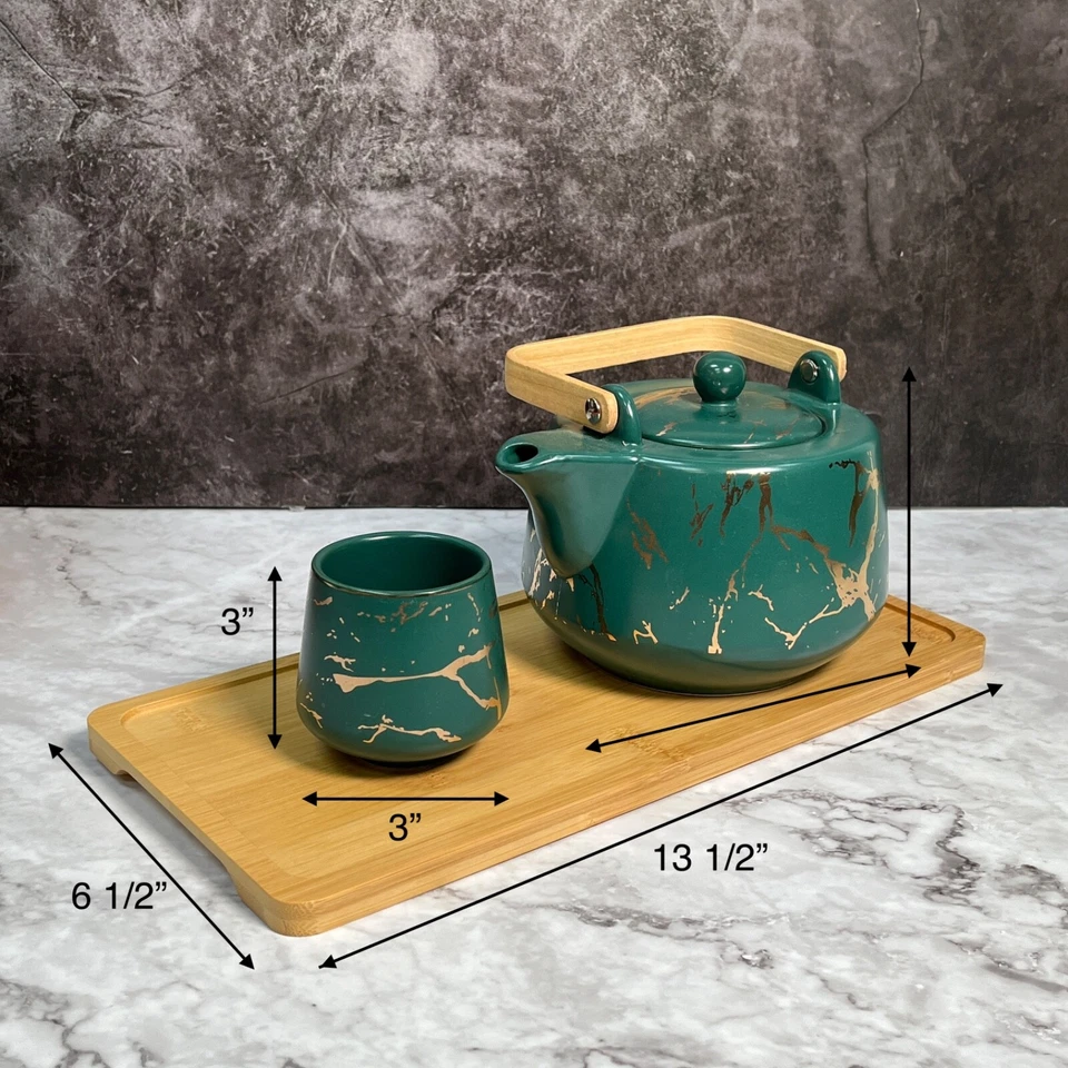 Juego de té de kung fu Morden dorado con patrón aleatorio con bandeja de bambú - verde, juego de Foto 4 de 4