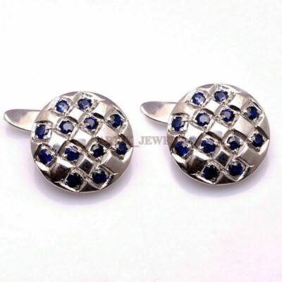 Heated Blue Sapphire Gemstone with 925 Sterling Silver Cufflink #1891
