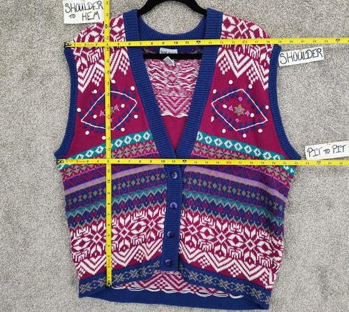 Vintage Womens L Vest Whimsical Geometric Tribal Stripe Intarsia Knit Holidays - Picture 7 of 8