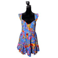 Farm Rio Macaw Party Mini Fit Flare Dress Size S Tropical Smocked Tiered