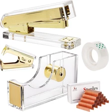 Acrylic Gold Stapler and Tape Dispenser Set, Desk Accessories Office Supplies