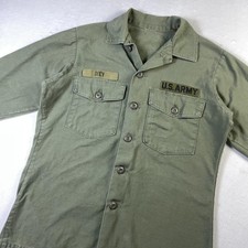 Vtg 70s US Army OG-107 Shirt Mens Medium Green Cotton Sateen Utility Field Patch