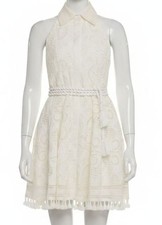Alice + Olivia Women's Ivory Eyelet Tassel Hem Halter Self-Tie Lucy Dress Size 2