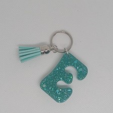 Bluish Green Glitter Initial E Keychain with Tassel for Women Girls Letter Charm