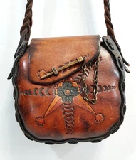 Vintage Hand Tooled Leather Purse Braided Sholder Strap Unique Clasp Two-Tone
