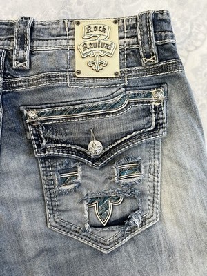 Rock Revival Tom Straight Jeans Teal Leather Inserts Distressed Embroidered 36