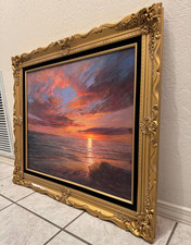 Sunset Sky clouds calm waters Signed YASAMI oil painting canvas framed 30" x 27"