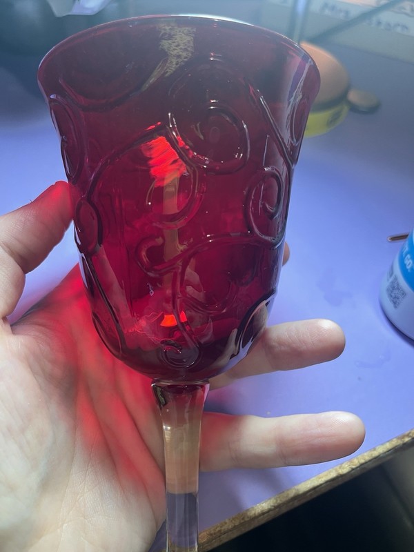 Etched Ruby Red Swirl Pattern Glass Wine Glass with Clear Stem set of 12