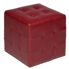 Braque Tufted Cube Ottoman in Leather Like Vinyl, Red