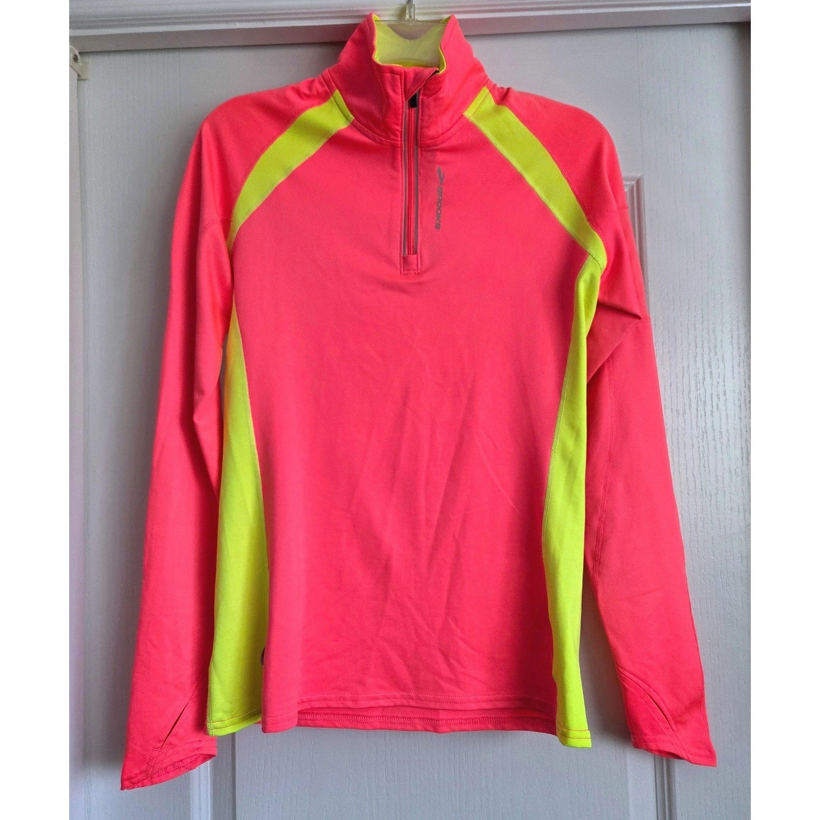 Brooks Neon Pink Yellow Quarter Zip Running Top Thumbholes Womens Sz S Active
