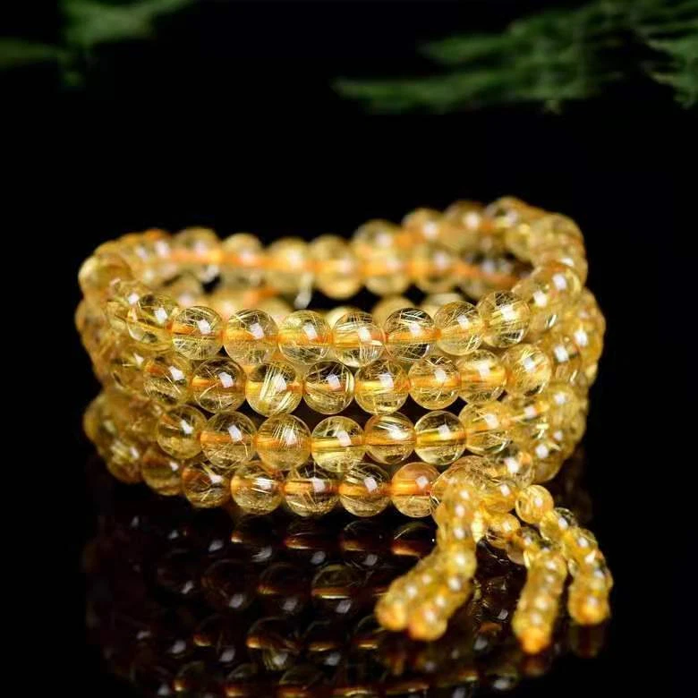 Natural Gold Rutilated Quartz Crystal Round 108Prayer Beads Bracelet AAAAA - Image 2 of 4