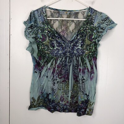 Unity World Wear Y2K Top Fitted Dyed Print Ruffle Cap Sleeve Womens L Stretchy