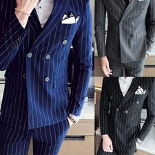 3Pcs Striped Men's Suit Double Breasted Business Tuxedos Wedding Groom Blazer