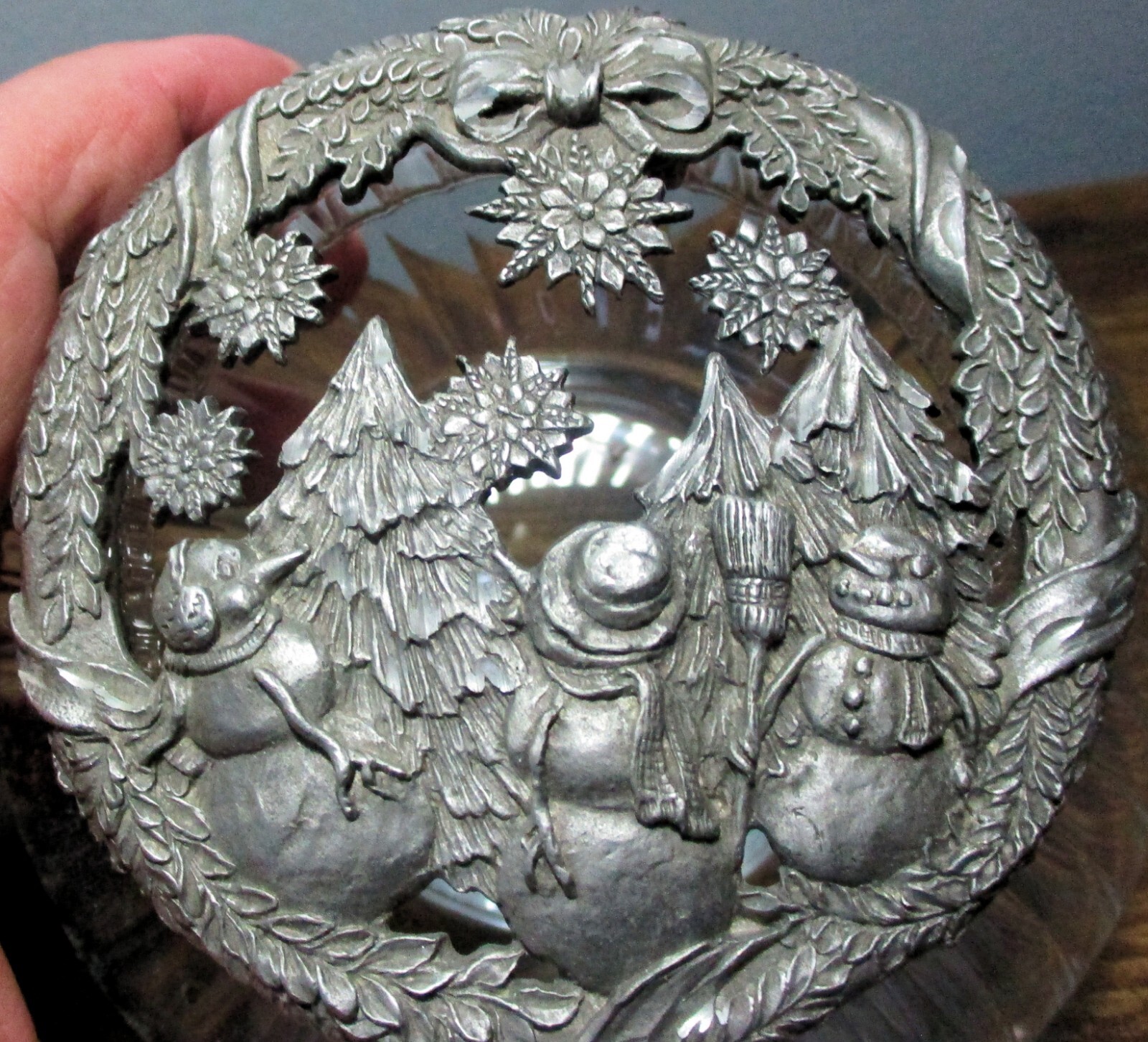 1996 Rawcliffe Pewter Glass POTPOURRI BOWL/TRINKETDISH with "Snowmen