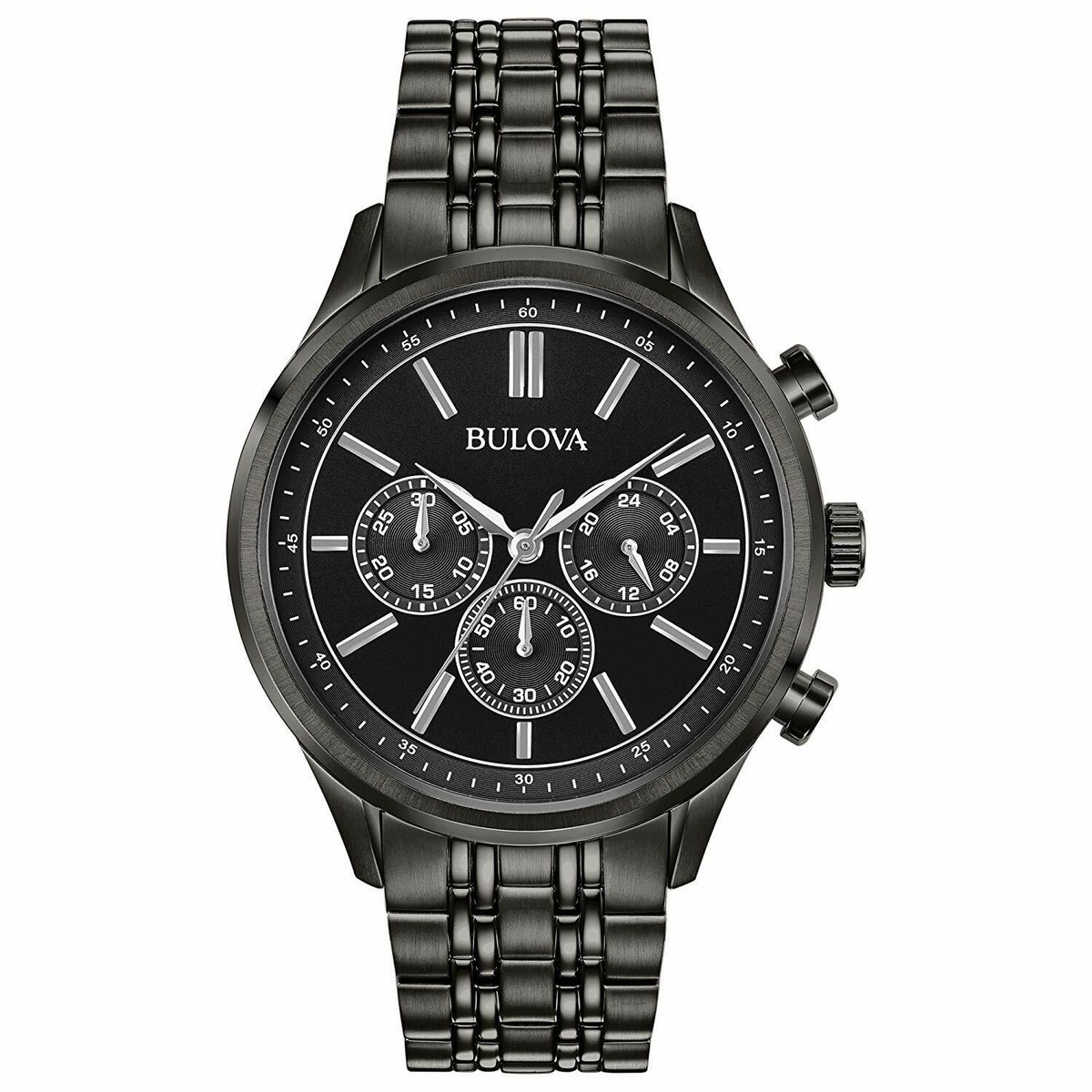 Bulova Men's Quartz Chronograph Silver Band Black Dial Watch 42mm