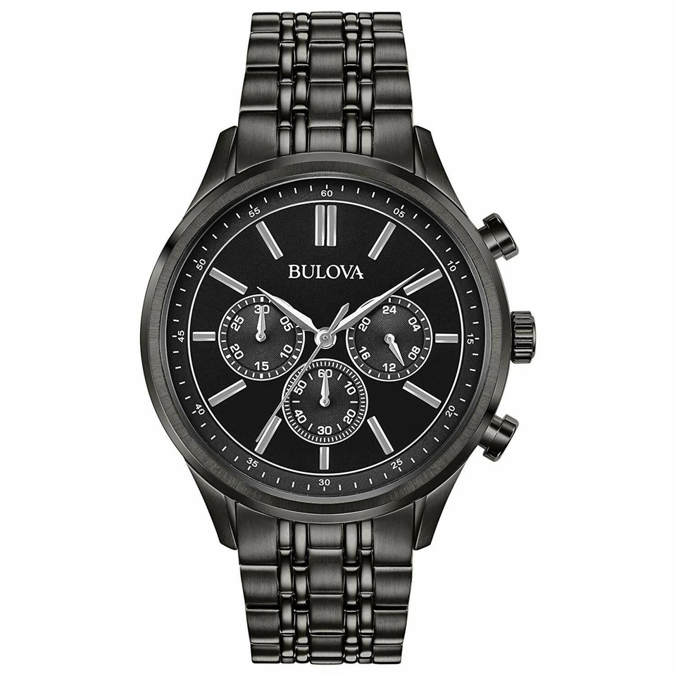 Bulova Men's Quartz Chronograph Silver Band Black Dial Watch 42mm 98A217