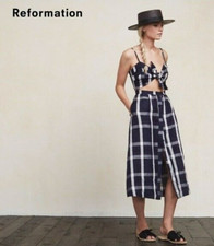 Reformation Riley Plaid Midi Dress Tie Front Cut Out Size 2 Navy Blue