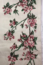 Cream Linen Fabric Runner Printed Pink Blossoms Flowers Florals 1 yd x 16.5" 