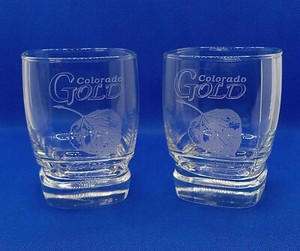 RARE Colorado GOLD Square Bourbon Whiskey Glasses- Etched Aspen Leaf  - Set of 2