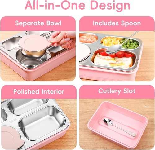 36oz Stainless Steel Bento Box, 4 Compartments, Leak-Proof, Dishwasher Safe - Picture 5 of 9