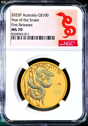 2025 Australia Bullion GOLD $100 Lunar Year of the Snake NGC MS70 1oz Coin FR