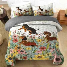 Custom Dachshund Floral Quilt Bedding Set, Dog Spring Quilt Bedding Pillowcase