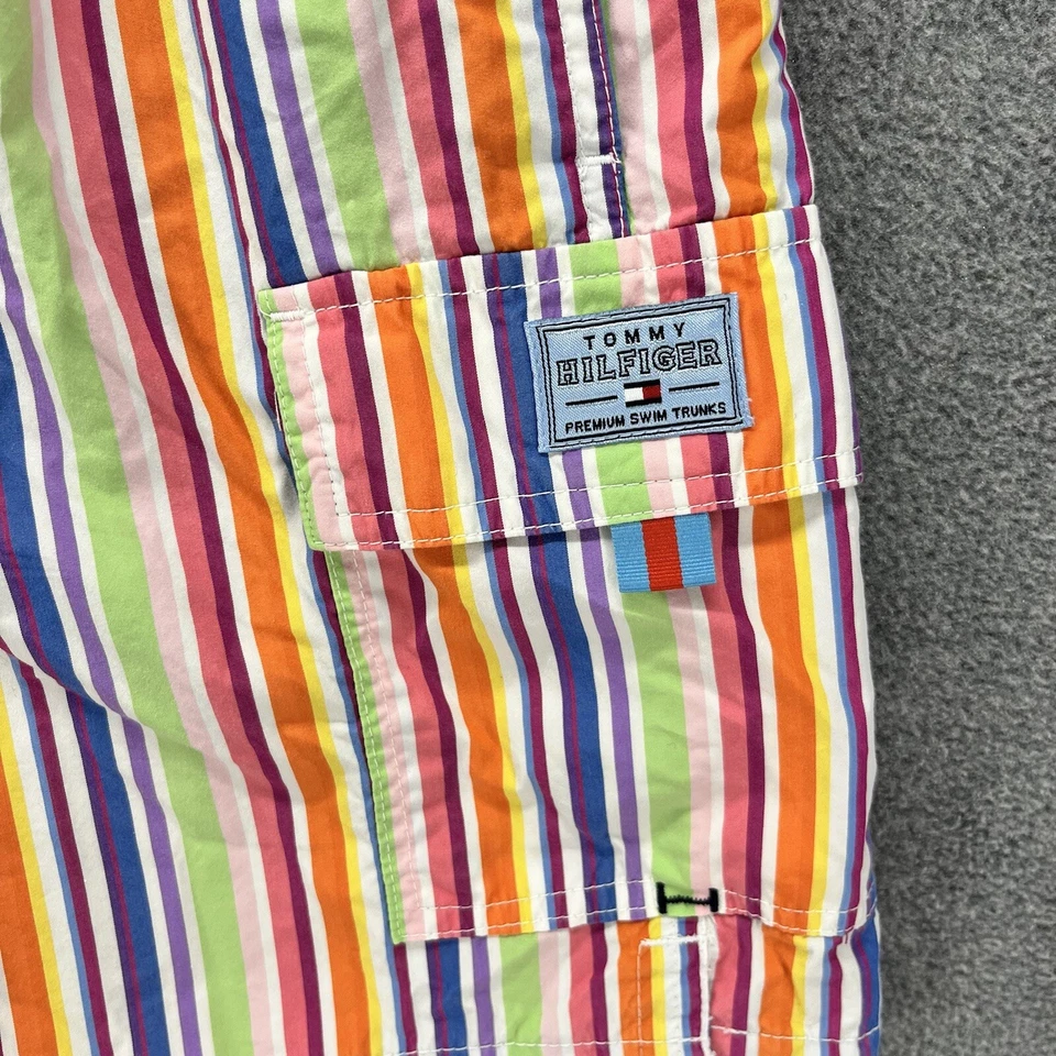 Tommy Hilfiger Swim Shorts boys Medium colorful Striped blue Lined pocket Youth - Image 4 of 4