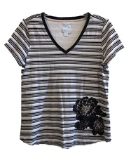 Sunday Women's V-Neck Striped Embellished Short Sleeve T-Shirt Size XS