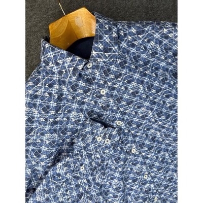 Bugatchi Classic Fit Blue Geometric Tile Print Cotton Button Up Shirt Mens M EUC