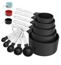  Measuring Cups & Spoons Set, Stackable Cups and Spoons, Nesting Measure Black