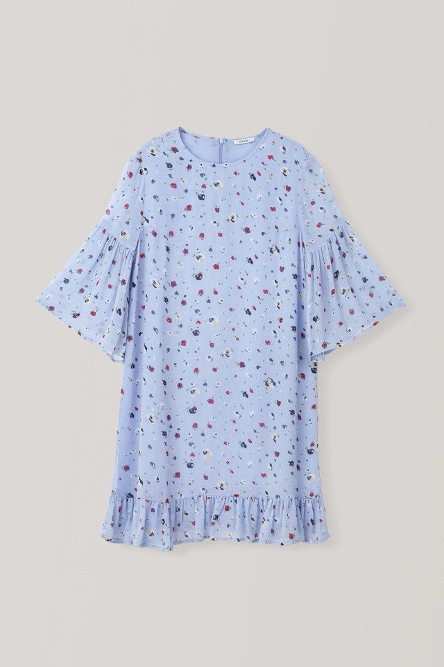 Ganni Phoebe Ruffled Floral Print Crepe Dress Size 32/6-8AU