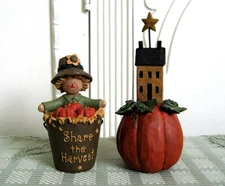 2 BLOSSOM BUCKET Figurines Pat Olson & Suzi Skoglund Fall Autumn Thanksgiving