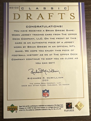 2001 Upper Deck Classic Drafts Jerseys Brian Griese #BG-CD - Picture 2 of 2