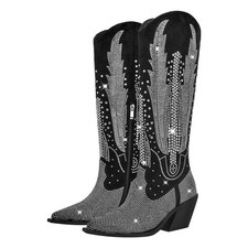 American New Diamond Show Boots Chunky Heels Retro Western Cowboy Tassel Boots