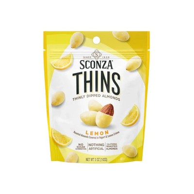 Sconza Thins 5 oz LEMON Roasted Almonds Covered in Yogurt & Lemon Creme BB 10/26