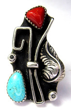 LARGE Turquoise Coral PERSON Navajo Sterling Silver RING Size 8 Native American