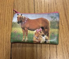 Horse Zippered Pouch Coin Purse Pony Bows Wallet Pink Cute Equestrian